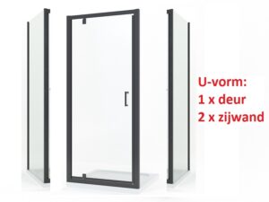 Douchecabine U vorm met draaideur en brede zwarte profielen (200 cm hoog)